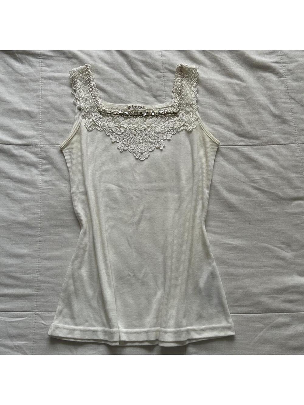 Axes Femme Ivory Ribbed Tank Top Lace Square Neck Jeweled Medium Japan